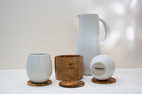 Stoneware Carafe & Mug Set with Olive Wood Coasters