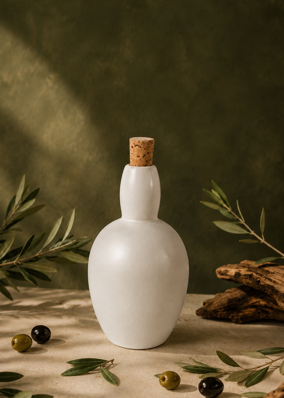 GEVANTO stoneware olive oil bottle, front view